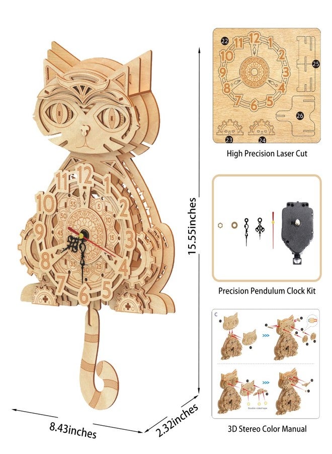 Jigtoy Wooden 3D Puzzles for Adults Model kit Cat Clock Kids Wall Clock Decor for Birthday Gift/Christmas Day - Image 3